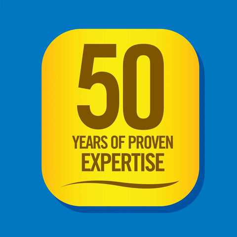 Logo featuring 50 Years of Proven Expertise in bold text on a yellow background with blue accents.