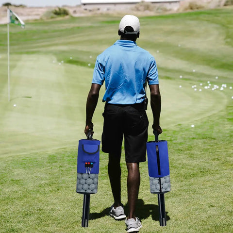 Golfer using Golf Ball Retriever With Portable Shag Bag For Quick Picks, Easy Up Ball Picker With Removable Plastic Tube on a golf course
