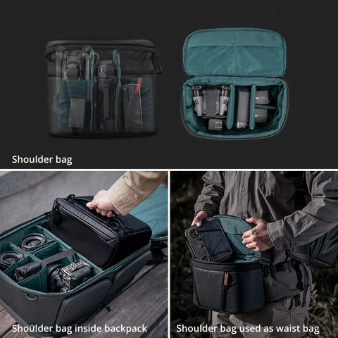 OneMo 2 35L To 45L Camera Backpack showing shoulder bag for DSLR gear and drones, expandable storage for DJI Mini 3 Pro.