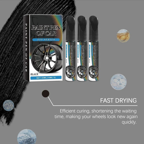 Slick Car Scratch Repair Pen Set For Fast Silver Touch Up Paint And Quick Clear Coat Markers, showing black paint pens and packaging.