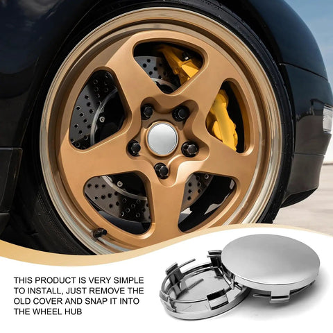 4 Pack Silver Car Wheel Center Hub Covers, 60 mm Outer Diameter And 50 mm Inner Diameter, Snap-In Rim Caps displayed with car wheel