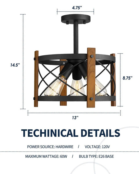 Technical details of Three-Light Farmhouse Semi Flush Mount Ceiling Light With Dope Walnut Wood And Matte Black Finish, 13 Inch Open X-Brace Barn Style Fixture, Dimmable With E26 Bulbs, Durable Wood Flush Mount Light For Your Living Room showing dimensions and specifications.