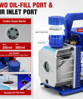 Close-up of the Straight Up Heavy Duty 3.5 CFM 1/4 HP 110V Single Stage AC Vacuum Pump, showing dual oil-fill ports and air inlet.