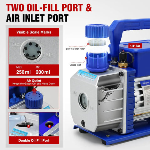 Close-up of the Straight Up Heavy Duty 3.5 CFM 1/4 HP 110V Single Stage AC Vacuum Pump, showing dual oil-fill ports and air inlet.