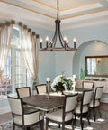 Wagon Wheel Farmhouse Chandelier With Six Lights, Black Round Pendant Light in dining room, rustic wood grain finish.