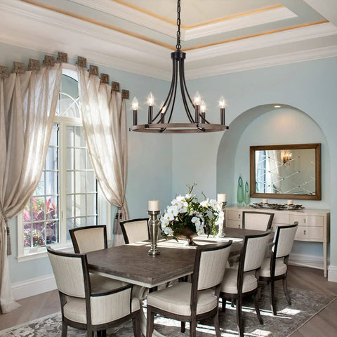Wagon Wheel Farmhouse Chandelier With Six Lights, Black Round Pendant Light in dining room, rustic wood grain finish.