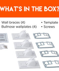 In Wall Cable Hider Kit 2 Pack Single Gang Pass Through With Drywall Brackets, template, wallplates, and screws laid out.