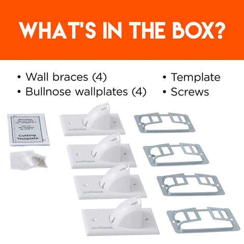In Wall Cable Hider Kit 2 Pack Single Gang Pass Through With Drywall Brackets, template, wallplates, and screws laid out.