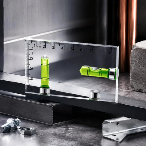 RuiJOTWAT Clear Magnetic Spirit Level Dual Direction Mini Spirit Level Tool For Carpentry Diy Projects next to measuring ruler.