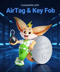 Heavy Duty CR2032 3V Coin Cell Batteries 20 Pack displayed with key fob and character in a modern tech setting.