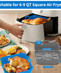 9 Inch Silicone Liners For 6 Qt To 9 Qt Air Fryers 2 Pack Square Reusable Inserts Blue And Grey No Mess Easy Cleanup Air Fryer Accessory Perfect For Busy Kitchens No Scrub Needed shown in use with cooked chicken and vegetables.