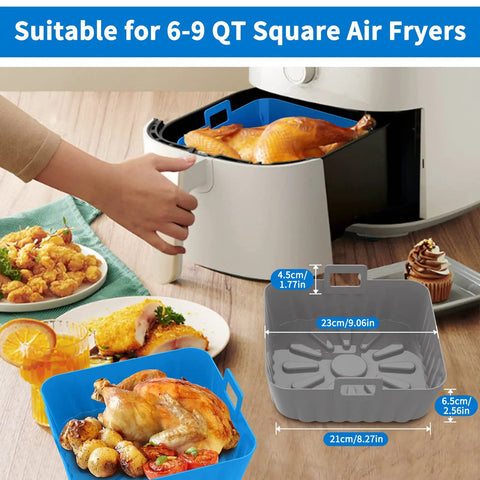 9 Inch Silicone Liners For 6 Qt To 9 Qt Air Fryers 2 Pack Square Reusable Inserts Blue And Grey No Mess Easy Cleanup Air Fryer Accessory Perfect For Busy Kitchens No Scrub Needed shown in use with cooked chicken and vegetables.