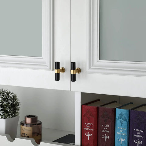 Installed 10 Pack Black And Gold Cabinet Knobs For Kitchen Cabinets Dressers And Drawers With Arch Bow Design Matte Black Finish Stainless Steel Handle And Zinc Base Modern Hardware For Cupboard And Bathroom on white cabinet doors.
