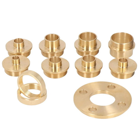 Pro Grade Brass Router Bushing Template Guide Kit For Kickass Precision Dovetail Hinge Routing 11 Piece Woodworking Set showing 11 brass bushings.