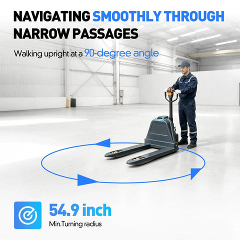 Two Pack Heavy Duty Electric Pallet Jack With 4400 Lbs Capacity Motorized Forklift Truck For Warehouse Work, Feature 48 inch By 27 inch Long Forks And Lithium-Ion Battery Power For All Day Industrial Jobs, maneuvering in narrow spaces.