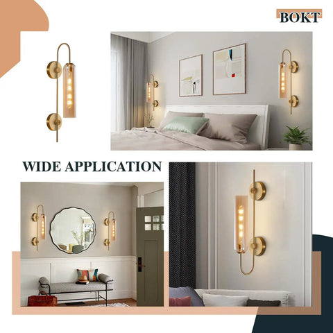 Amber Glass Wall Sconce With Brass Tube, 1 Light Modern Mid Century Vanity Fixture in bedroom, hallway, and living room