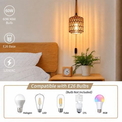 EHFMGYB Rattan Wall Sconces Set of Two Plug in, Boho Wall Lamp with 9.84FT Plug in Cord, hand woven rustic design with warm light.