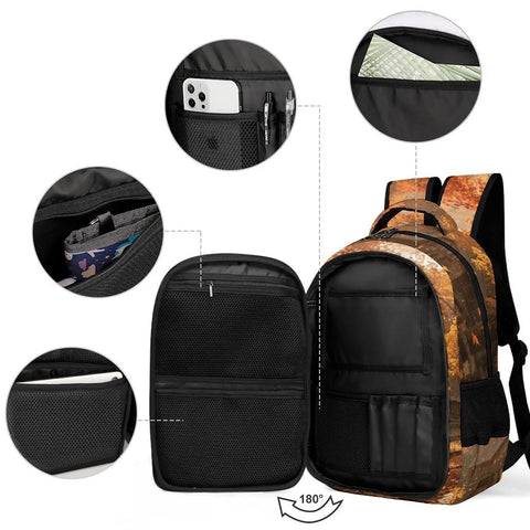 Open view of Log Cabin Maple Scene Printed Unisex Backpack with large capacity, durable polyester build, and organized compartments
