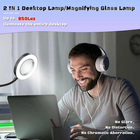 Man using laptop with 2-in-1 desktop lamp and magnifying glass providing 850 lux illumination, featuring no glare or distortion.