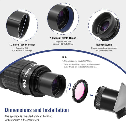 Diagram showing 1.25 Inch 10mm Ultra Wide Angle Eyepiece With Filter Thread For Telescopes, 82 Degree Waterproof Fogproof UWA Design.