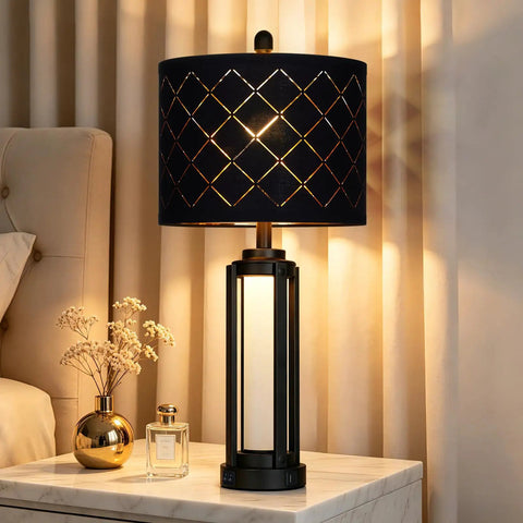 Dope 28 Inch Tall Modern Table Lamps Set Of 2 For Living Room And Bedroom Black Industrial Metal Frame With Warm Glow Night Light Easy Lampshade Assembly USB A And Type C Charging Ports black metal bedside lamp with warm glow night light on nightstand
