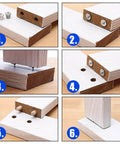 Woodworking step-by-step guide using the Eight Piece Dowel And Tenon Center Transfer Plugs Set with steel pins for precise hole alignment.