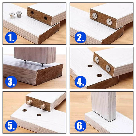 Woodworking step-by-step guide using the Eight Piece Dowel And Tenon Center Transfer Plugs Set with steel pins for precise hole alignment.