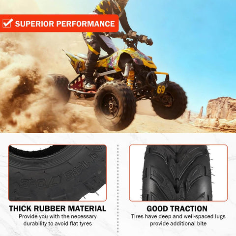 ATV with Size 145 70 6 Mini Bike Tubeless Tires Replacement For ATVs Go Karts Lawn Mowers demonstrating traction
