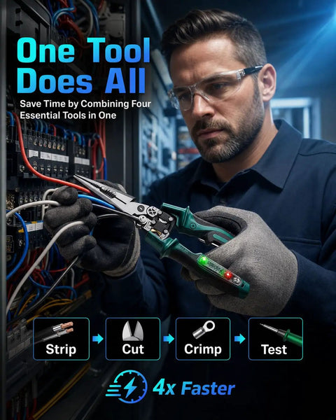 4 In 1 Wire Stripping Pliers With LCD Voltage Display, Heavy Duty Steel Workhorse Multitool For Electricians, Foldable Cable Cutter, Crimping, Cutting And Wire Testing, 12 To 250V in use on wiring panel
