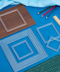 Top Shelf Set Of Eight Square Router Templates For Woodworking Projects Tough Clear Acrylic Tracing Jigs From Two Point Nine To Eight Inches arranged with colored pencils and a ruler.