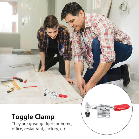 Two men working on a floor using a 4 Piece Horizontal Toggle Clamp Set Fast Locking Clip With Straight Line Push Pull Action.
