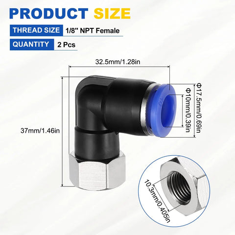 Diagram of Two Pack 90 Degree Push To Connect Fittings For Pneumatic Systems One Eighth Inch NPT Female Tube OD 0.39 Inch Nickel Plated Brass