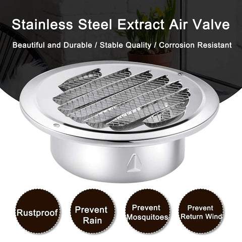 Stainless steel extract air valve with mesh grill, corrosion-resistant design against rust and rain, for home ventilation