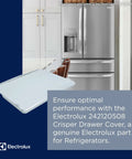 Electrolux crisper drawer cover replacement part 242120508 in front of stainless steel fridge