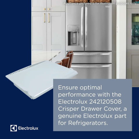 Electrolux crisper drawer cover replacement part 242120508 in front of stainless steel fridge