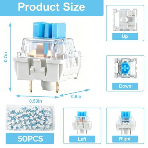 Blue 3 Pin Mechanical Keyboard Clickers Kit For 3D Prints, 50 Pieces Dustproof Switches With Crisp Clicky Tactile Feedback For Gaming Keyboards And Pro Builds. 50PCS size diagram