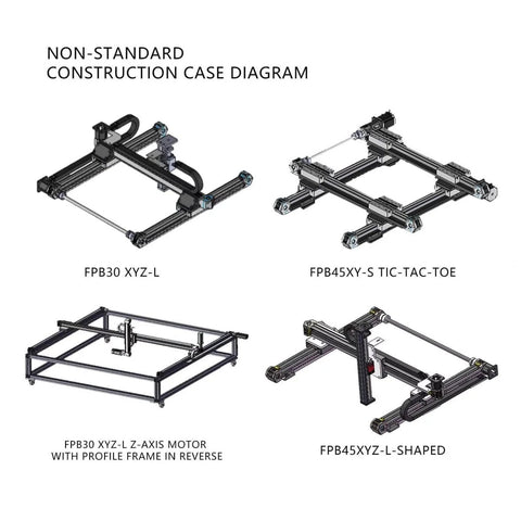 Diagram of non-standard CNC linear stage designs, including XYZ-L, Tic-Tac-Toe, Z-Axis Motor in Reverse, and L-Shaped configurations.