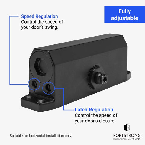 No Slam Hydraulic Door Closer For Homes With Auto Close And Easy Open Arm Grade 3 Slow Close Hinge in black, adjustable settings