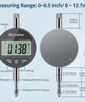 Front view of ALLmeter dial indicator bore gauge with LCD display, 0–0.5 in range, black circular housing.