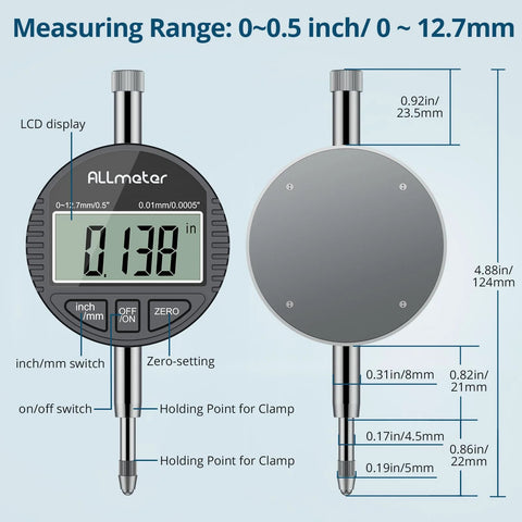 Front view of ALLmeter dial indicator bore gauge with LCD display, 0–0.5 in range, black circular housing.