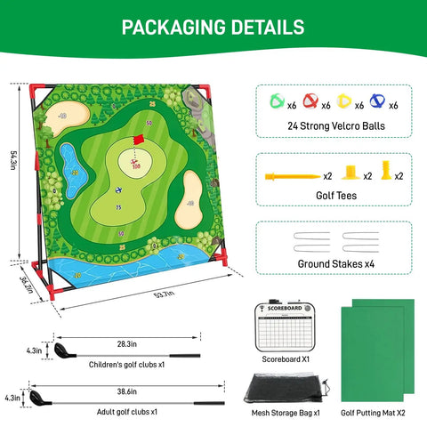 Vertical Golf Chipping Game With Stand Upgrade 54 By 54 Inch Hitting Mat And Practice Set With Sticky Balls packaging details