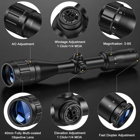 Three To Nine X Forty AO Rifle Scope With R4 Reticle, parallax adjustment knobs, black finish, 20mm mounts, lens caps visible