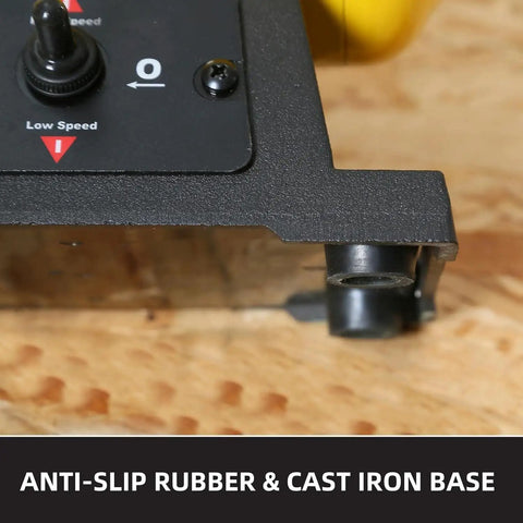 Close-up of cast iron base of Dual Speed Bench Buffer Polisher 8 Inch With 2 Cotton Wheels for stability on surfaces.