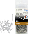 Premium 18 Gauge 3/4 Inch Stainless Steel Wire Brads 2 Oz Pack Heavy Duty Brad Nails displayed with packaging.