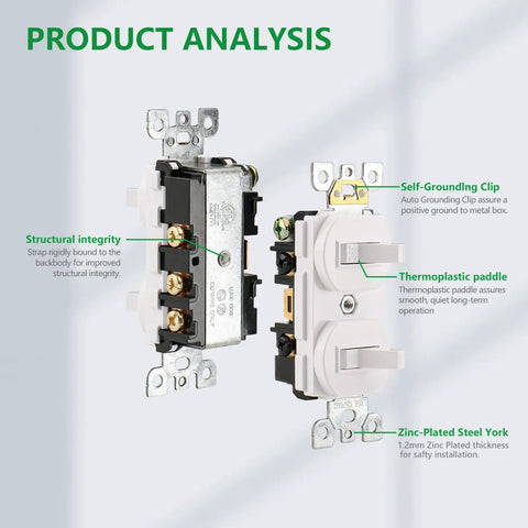 Two Pack Double Toggle Light Switch 15 Amp 120 Volt, internal components with structural integrity, thermoplastic paddles.