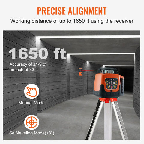Red Rotary Laser Level Kit Pro Grade With 360 Degree Self Leveling 1650ft Range Surveying Tripod And 5m Staff IP66 Waterproof Remote shown on tripod in tunnel, 1650 ft range