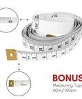 Coiled 60 inch measuring tape with metric and imperial units, bonus item in fabric scissors set, close-up of tape detail