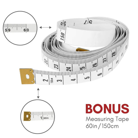 Coiled 60 inch measuring tape with metric and imperial units, bonus item in fabric scissors set, close-up of tape detail