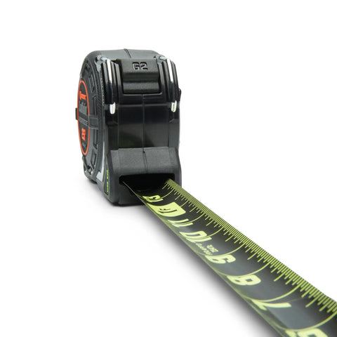 Auto Lock Tape Measure With 25 Foot Reach, Thick Diamond Coated Blade, Extra Protective Sleeve shown with extended blade.