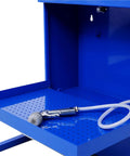 Inside view of Rugged Bench Parts Cleaner With 14L Tank Capacity And 120V High Flow Pump showing perforated tray and sprayer.